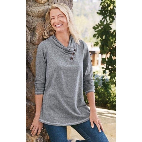 Soft Surroundings Long-Sleeve Top Heather Blue Brinley Terry Cowl Neck NEW SZ S - Picture 1 of 6
